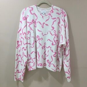 NWT CeCe Women's XL Ribbons & Bows Crewneck Pullover Sweater Knit Top Pink White